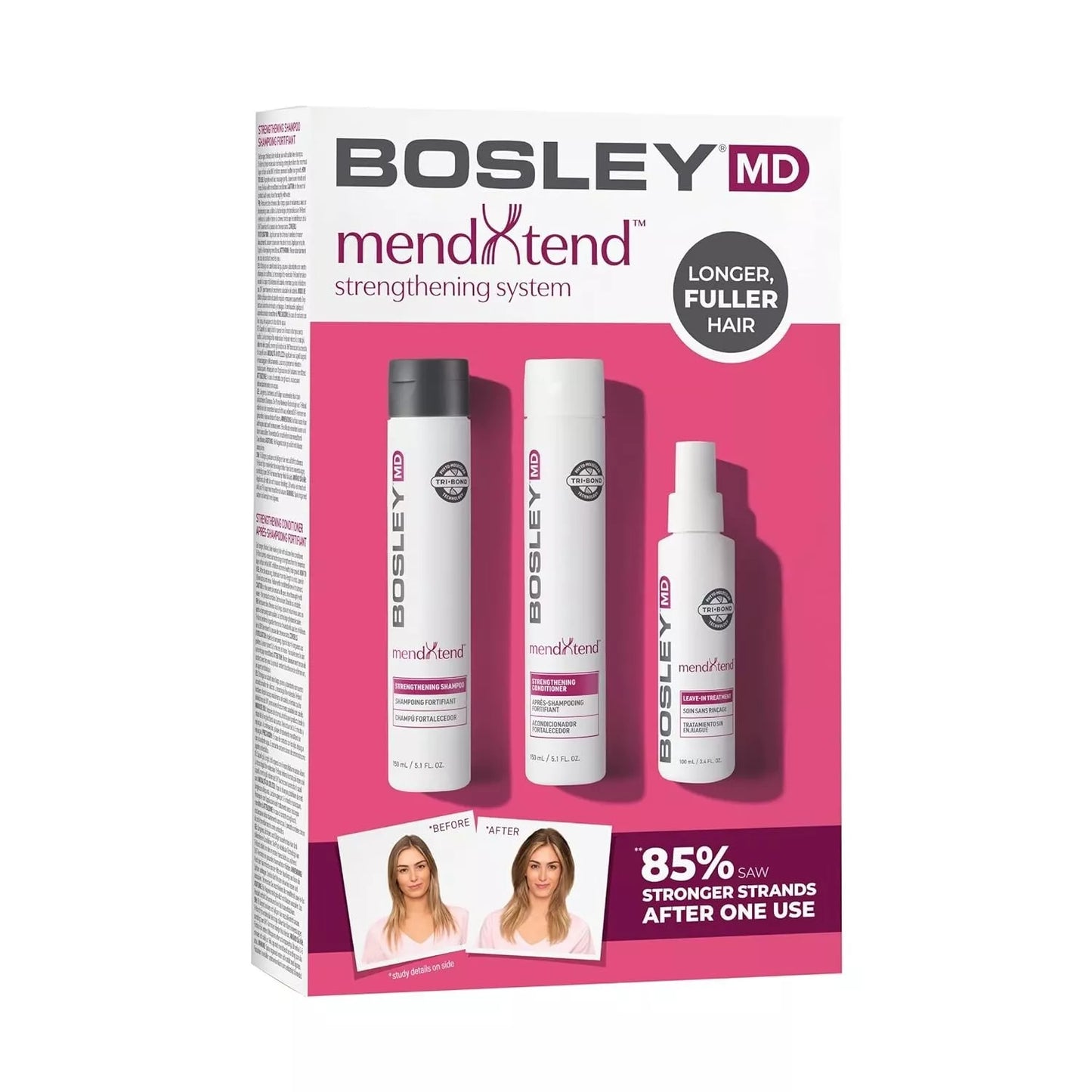 Bosley MD MendXtend Strengthing System Kit Shampoo Conditoner Leave-In