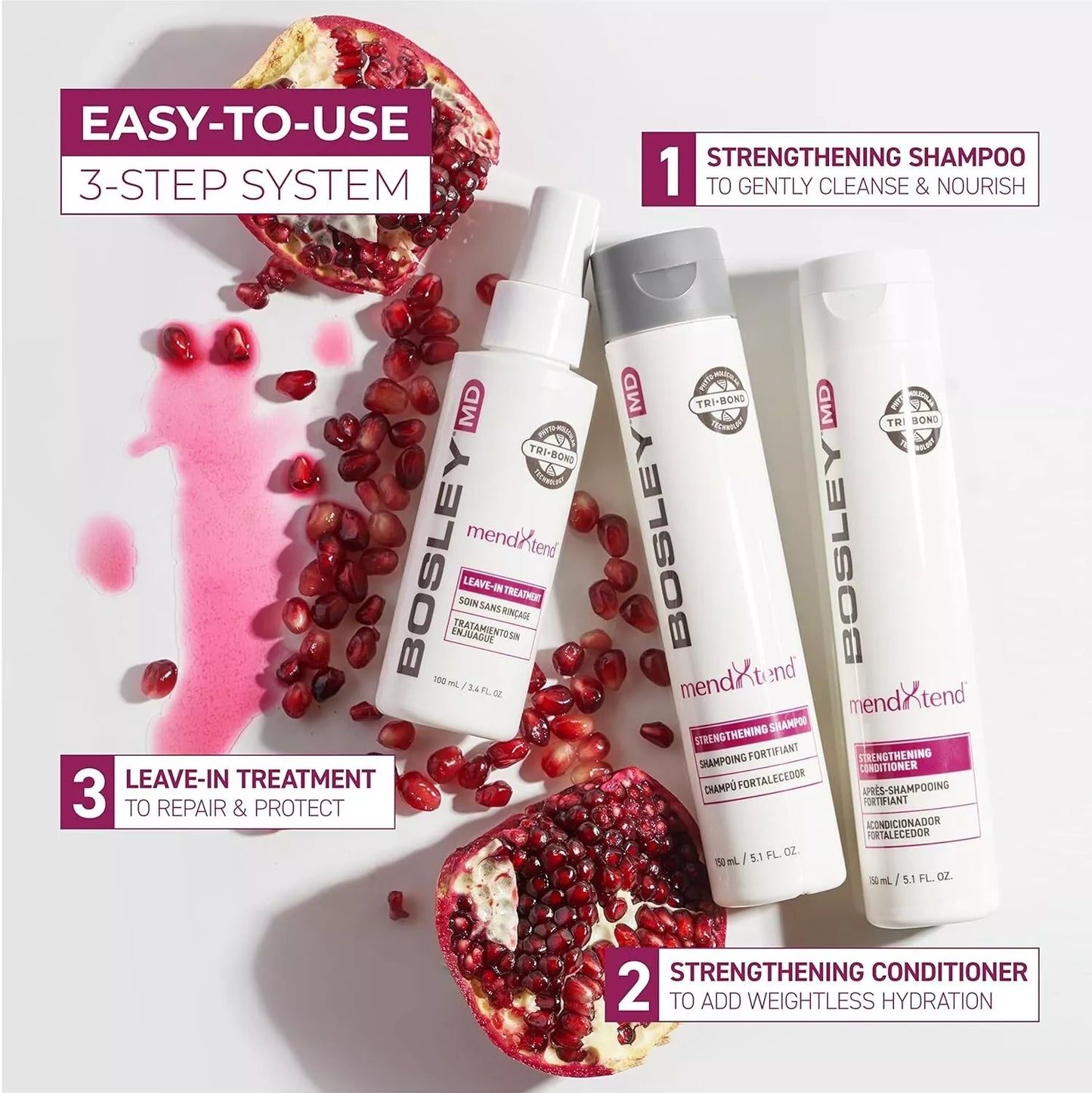 Bosley MD MendXtend Strengthing System Kit Shampoo Conditoner Leave-In